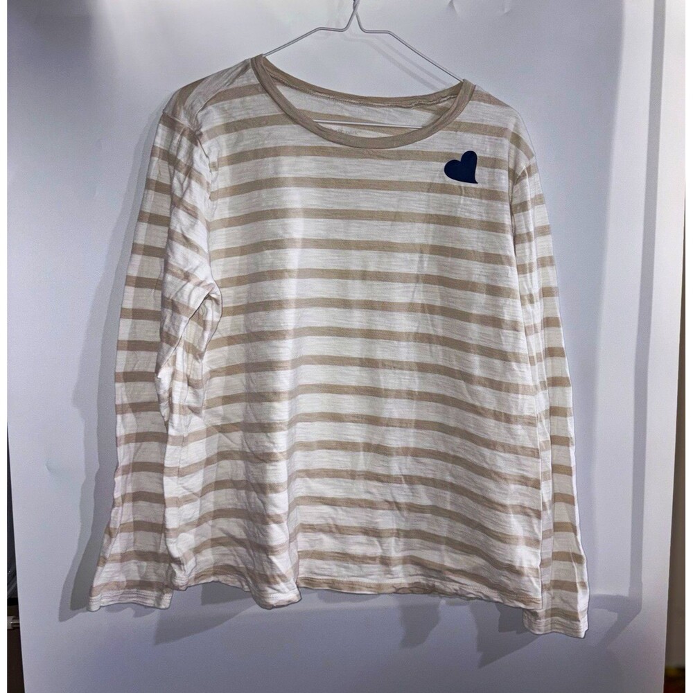Studio Park L Beige White Blue Striped Long Sleeve Crew Neck T-Shirt Heart Logo